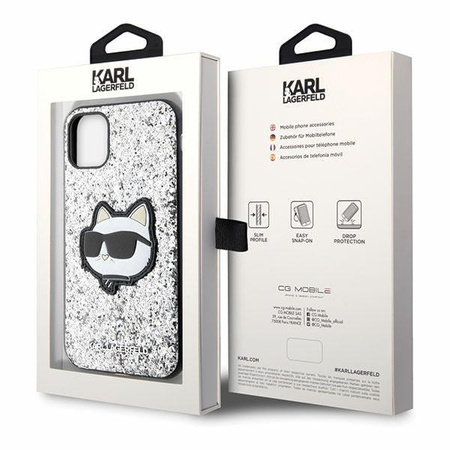 Etui Karl Lagerfeld KLHCN61G2CPS na iPhone 11 / Xr - srebrne Glitter Choupette Patch