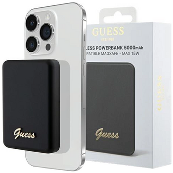 Powerbank indukcyjny Guess MagSafe Metal Script Logo 15W 5000mAh - czarny
