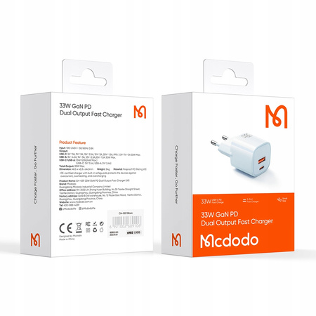 MCDODO SZYBKA ŁADOWARKA SIECIOWA DO TELEFONU ZASILACZ 2X USB USB-C 33W GAN