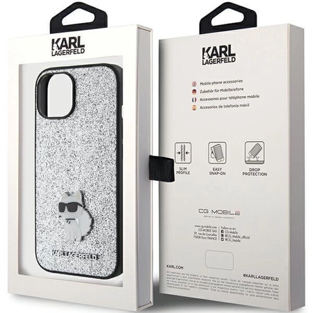 Etui Karl Lagerfeld Fixed Glitter Choupette Logo Metal Pin do iPhone 15 - srebrne