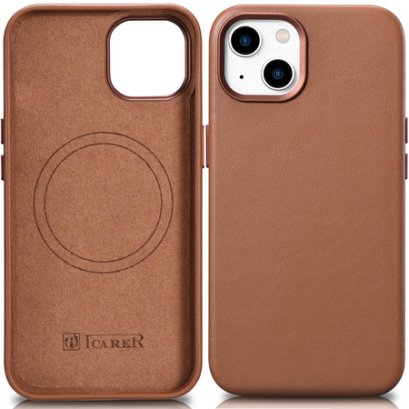 iCarer Case Leather pokrowiec etui z naturalnej skóry do iPhone 14 Plus brązowy (kompatybilne z MagSafe)