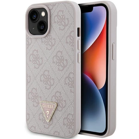 Etui Guess Leather 4G Triangle Strass do iPhone 15 - różowe