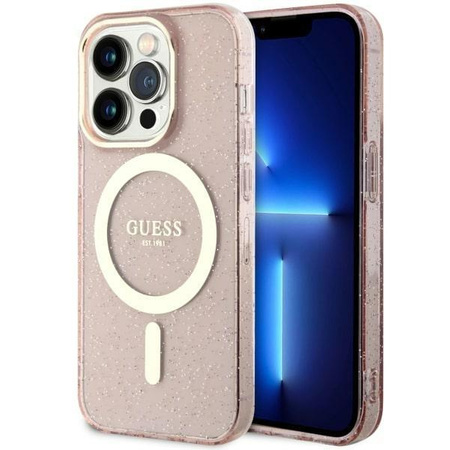 Etui Guess GUHMP14LHCMCGP na iPhone 14 Pro - różowe Glitter Gold MagSafe