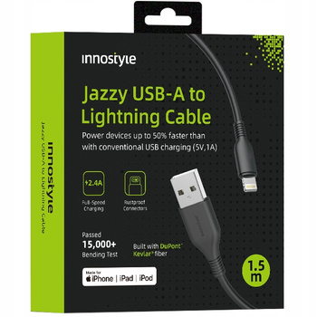 INNOSTYLE JAZZY KABEL USB LIGHTNING MFI SZYBKIEGO ŁADOWANIA DO IPHONE KEVLAR 2M CZARNY