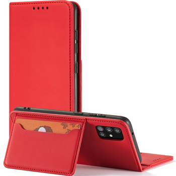 Magnet Card Case etui do Samsung Galaxy A12 5G pokrowiec portfel na karty kartę podstawka czerwony