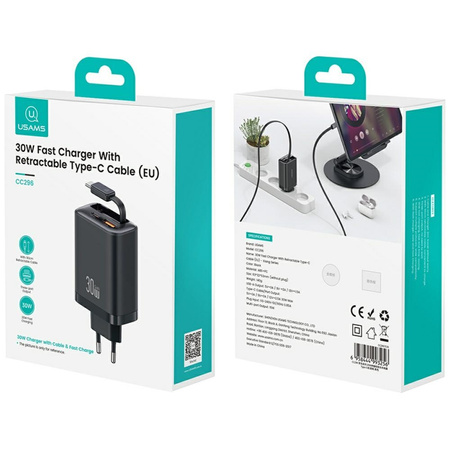 USAMS ŁADOWARKA 30W DO TELEFONÓW 1X USB-C 1X USB-A Z KABLEM SZYBKIE