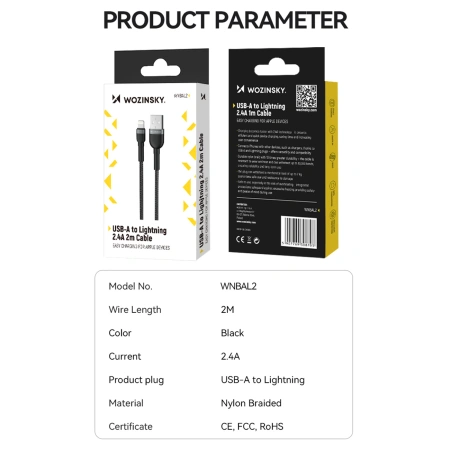 WOZINSKY KABEL DO LIGHTNING 2.4A 2M DO IPHONE 11 12 PRO MAX SZYBKIE