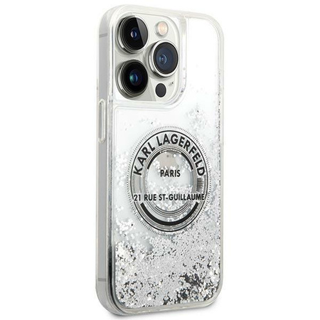 Etui Karl Lagerfeld KLHCP14XLCRSGRS na iPhone 14 Pro Max - srebrne Liquid Glitter RSG