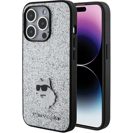 Etui Karl Lagerfeld Fixed Glitter Choupette Logo Metal Pin do iPhone 15 Pro - srebrne