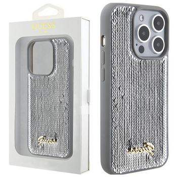 Etui Guess Sequin Script Metal na iPhone 15 Pro - srebrne