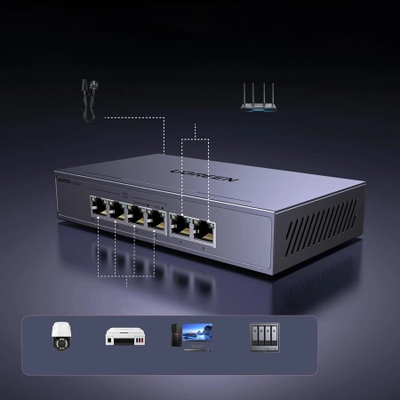 Switch Ugreen przełącznik ethernet 6-Portowy 1Gb/s z PoE - szary
