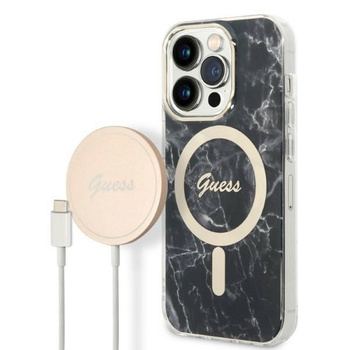 Guess zestaw ładowarka MagSafe + etui do iPhone 14 Pro 6,1" czarne Marble (GUBPP14LHMEACSK)