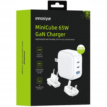 INNOSTYLE MINI CUBE MOCNA SZYBKA ŁADOWARKA GAN PODRÓŻNA EU US UK AU 3X USB USB-C 65W BIAŁA