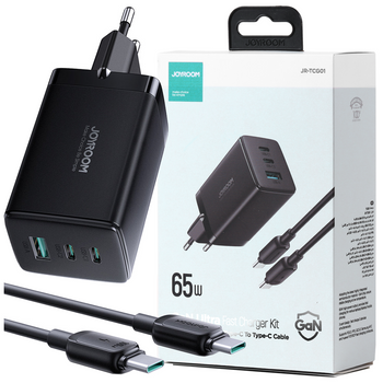 Joyroom szybka ładowarka GaN 65W USB, 2x USB C czarna + kabel USB C - USB C 100W 1.2m (TCG01)