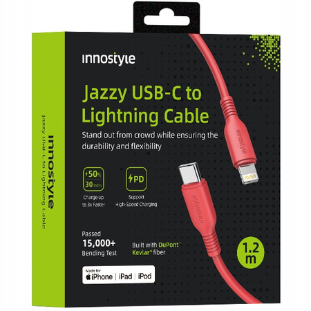 INNOSTYLE JAZZY KABEL USB-C LIGHTNING MFI SZYBKIEGO ŁADOWANIA DO IPHONE KEVLAR 1M CZERWONY