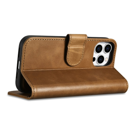 iCarer Oil Wax Wallet Case 2in1 etui iPhone 14 Pro skórzany pokrowiec z klapką Anti-RFID brązowy (WMI14220722-TN)