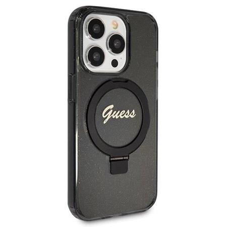 Etui Guess Ring Stand Script Glitter MagSafe na iPhone 14 Pro - czarne