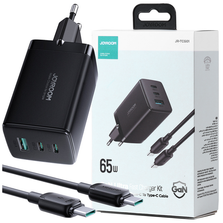 Joyroom szybka ładowarka GaN 65W USB, 2x USB C czarna + kabel USB C - USB C 100W 1.2m (TCG01)