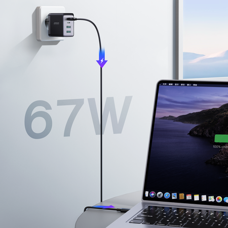 Joyroom ładowarka GaN 67W 4 porty (2x USB, 2x USB C) czarna (TCG02) + kabel USB C – USB C 100W 1.2m