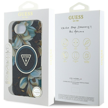 GUESS ETUI POKROWIEC TPU DO IPHONE 16E DO MAGSAFE IML METAL GLITTER FLOWERS