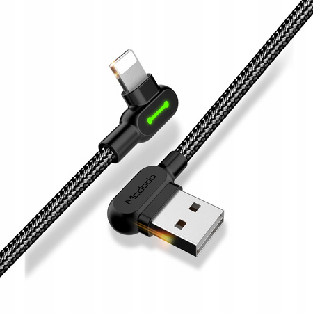 McDodo Kabel do telefonu Szybkie ³adowanie K¹towy 90° LED do iPhone 1,2m niebieski