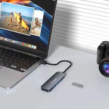 WOZINSKY HUB USB-A 4 PORTY 3.0 DO LAPTOPA KOMPUTERA Z INDYWIDUALNYMI