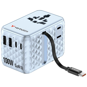 Verbatim Adapter podróżny EU/UK/US GaN   2xUSB-C/2xUSB-A/1xUSB-C PD 100W niebieski 30192
