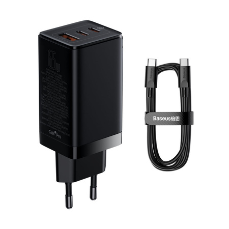 Baseus GaN3 Pro szybka uniwersalna ładowarka sieciowa GaN 2 x USB Typ C / USB 65W PD3.0, QC4.0+, AFC czarny + kabel USB Typ C - USB Typ C 1m (CCGP050101)