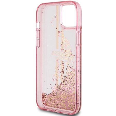 Etui Guess Liquid Glitter Gold Stripes na iPhone 15 Plus / 14 Plus - różowe
