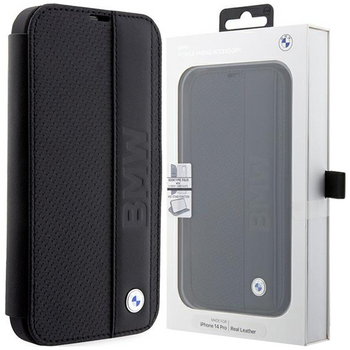 Etui BMW BMBKP14X22RDPK na iPhone 14 Pro Max - czarne bookcase Leather Textured&Stripe