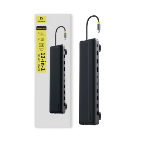 Stacja dokująca Baseus EliteJoy EH3 hub 12w1 USB-C - 2xHDMI 4K@60Hz DisplayPort 4K@60Hz 2xUSB-C 10Gb/s 2xUSB-A 5Gb/s USB-A 480Mb/s SD/microSD 3.0 RJ45 1Gigabit USB-C PowerDelivery - szara