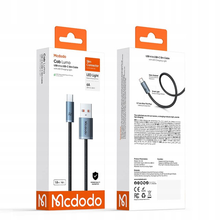 MCDODO KABEL USB-A USB-C SZYBKIE ŁADOWANIE USB TYP C 6A 100W 1M LED CZARNY