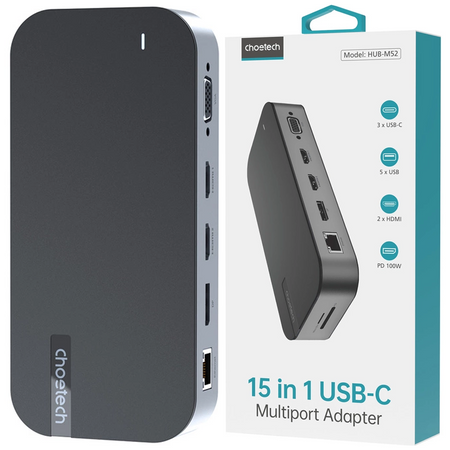 HUB Choetech M52 USB-C - USB-C PD/USB-C/USB-A/HDMI/VGA/DP/SD/TF/RJ45/AUX - szary