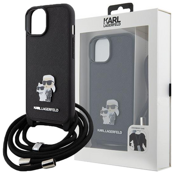 Etui Karl Lagerfeld Crossbody Saffiano Metal Pin Karl & Choupette na iPhone 15 - czarne
