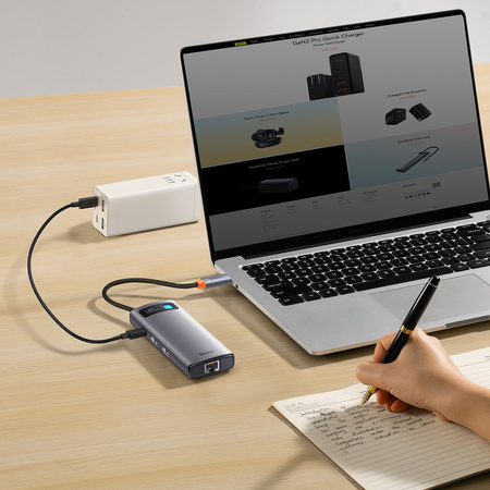 Baseus Metal Gleam Series stacja dokująca HUB 7 w 1 USB Typ C - 2 x HDMI / 3 x USB 3.2 Gen. 1 / 1 x Power Delivery / 1 x RJ-45 Ethernet szary (WKWG040113)