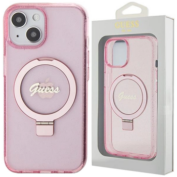 Etui Guess Ring Stand Script Glitter MagSafe na iPhone 15 Plus / 14 Plus - różowe
