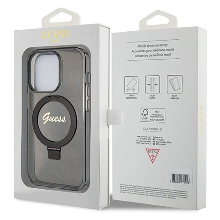 Etui Guess Ring Stand Script Glitter MagSafe na iPhone 13 Pro Max - czarne