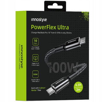 INNOSTYLE POWERFLEX ULTRA KABEL USB-C SZYBKIE ŁADOWANIE THUNDERBOLT 10GBPS 100W KEVLAR 2M CZARNY