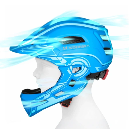 Kask rowerowy fullface dziecięcy Wozinsky z tylną lampką USB 52-56 cm - niebieski