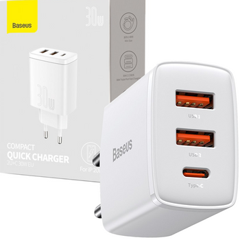 Baseus Compact szybka ładowarka sieciowa 2x USB / USB Typ C 30W 3A Power Delivery Quick Charge biały (CCXJ-E02)