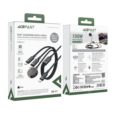 Kabel 3w1 Acefast C6-11 USB-C - 2x USB-C / Qi 480Mb/s 100W 1.2m - czarny