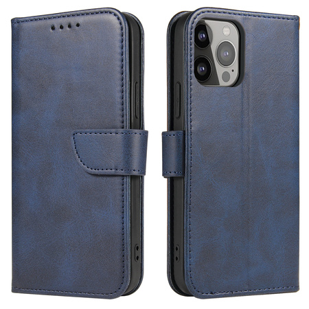 Magnet Case elegancki futerał etui pokrowiec z klapką i funkcją podstawki iPhone 13 Pro niebieski