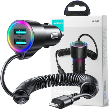 Joyroom szybka ładowarka samochodowa 3 w 1 z kablem Lightning 1.5m 17W czarny (JR-CL25)