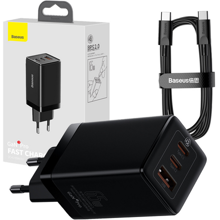 Baseus GaN3 Pro szybka uniwersalna ładowarka sieciowa GaN 2 x USB Typ C / USB 65W PD3.0, QC4.0+, AFC czarny + kabel USB Typ C - USB Typ C 1m (CCGP050101)