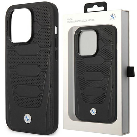 Etui BMW BMHMP14X22RPSK na iPhone 14 Pro Max - czarne Leather Seats Pattern MagSafe