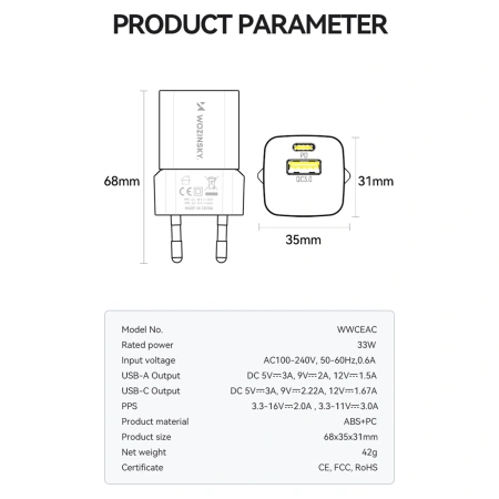 WOZINSKY ŁADOWARKA SIECIOWA USB-A USB-C DO TELEFONÓW 33W SZYBKIE ŁADOWANIE