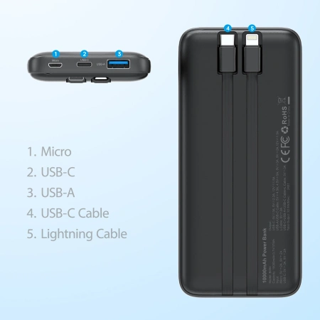 CHOETECH POWERBANK B654 10000MAH DO MICRO USB DO LIGHTNING Z WBUCZONYM