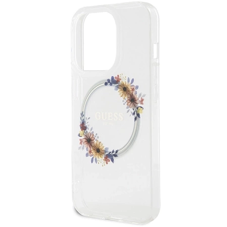 Etui Guess IML Flowers Wreatch MagSafe na iPhone 15 Pro Max - przezroczyste