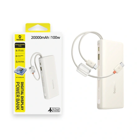 Powerbank Baseus EnerFill FC41 20000mAh 100W z wyświetlaczem cyfrowym z dwoma wbudowanymi kablami USB-C - beżowy