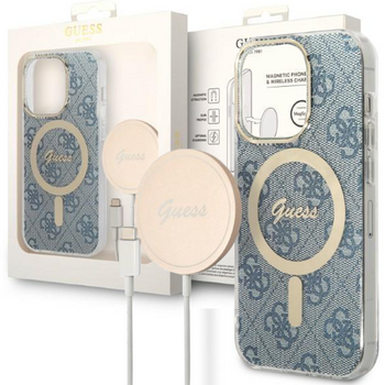 Zestaw Guess GUBPP14LH4EACSB Case+ Charger iPhone 14 Pro 6,1" niebieski/blue hard case 4G Print MagSafe